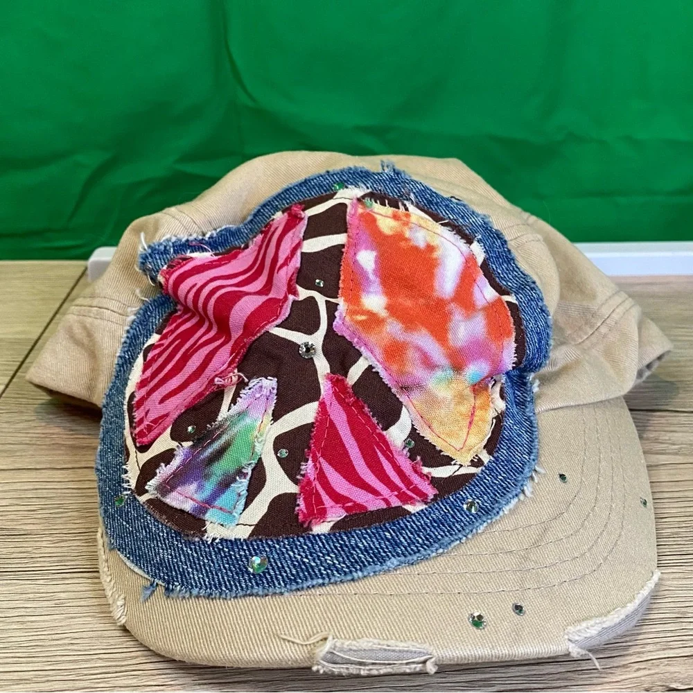 NEW | Peace Sign Embellished Distressed Hat w/ Rhinestones - Picture 1 of 4